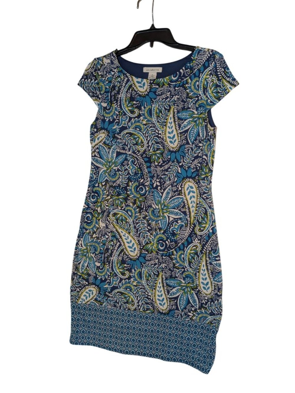 Liz Claiborne Womens Blue Paisley Print Sheath Dress Size S Short Sleeve Stretch